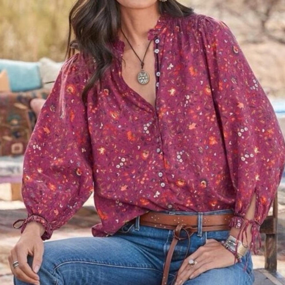 Sundance Dorthea Bloom Blouse Top Womens PXS Ruffle Puff Sleeve Button Down Boho